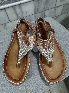 Embellished Brown Rhinestone Thong Sandals